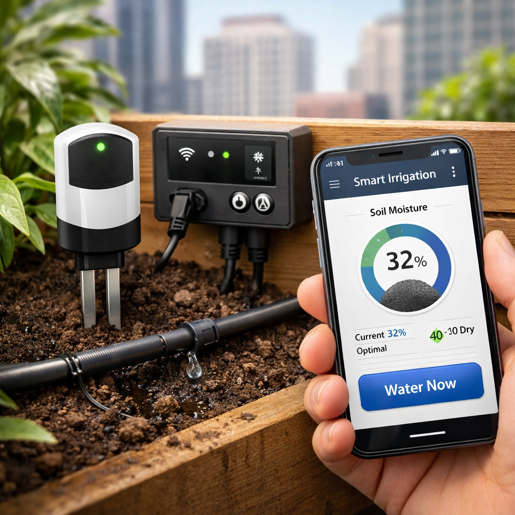 Smart Irrigation System - Soil moisture sensor, control hub, and mobile app showing real-time monitoring