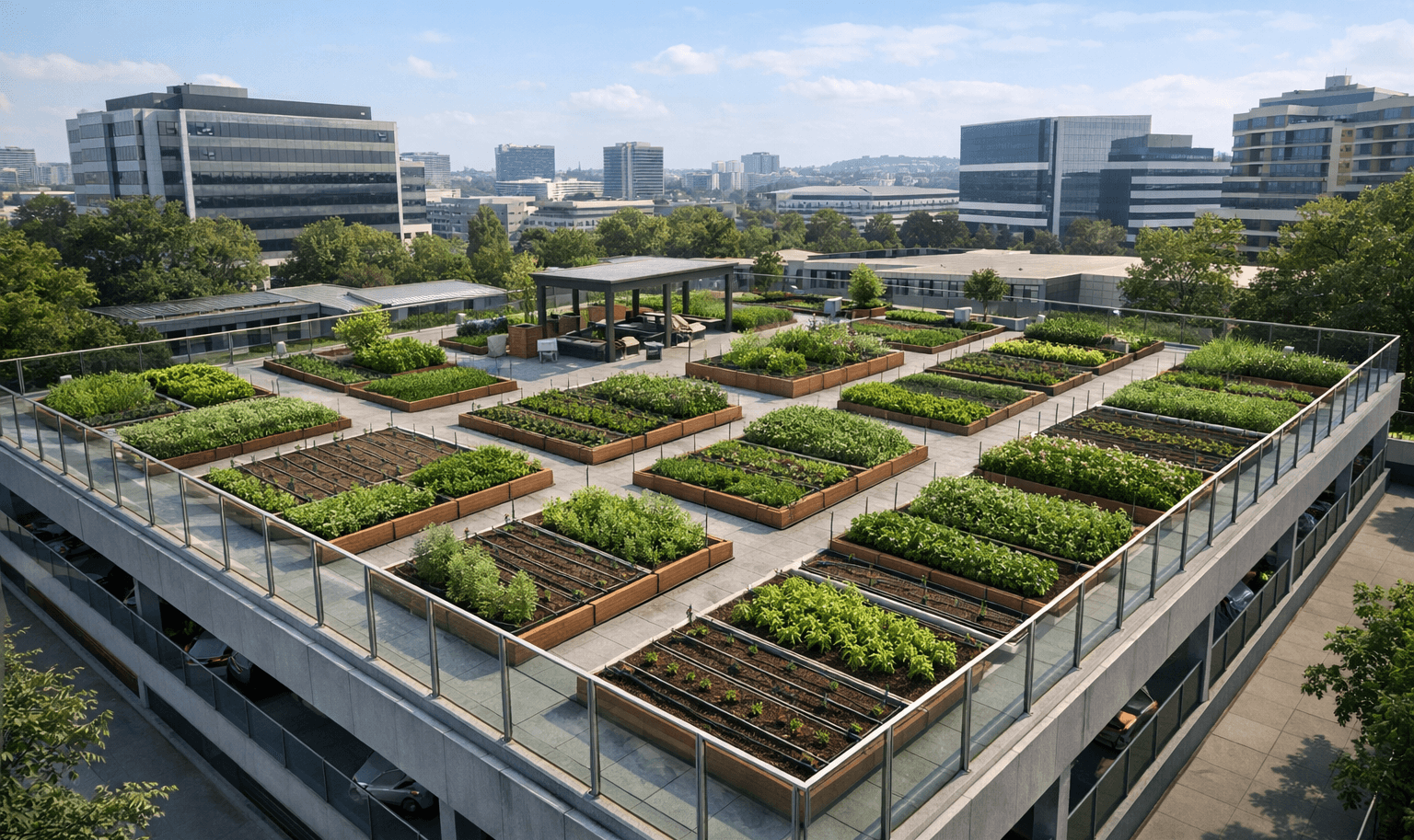 GrowAbove rooftop garden plots above a mall parking structure